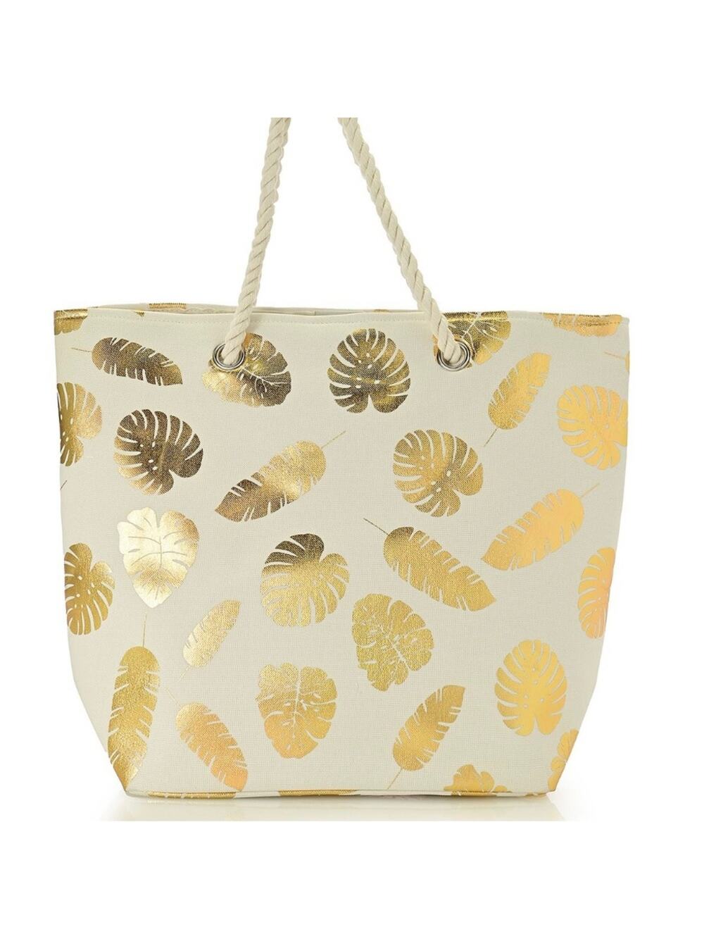 Metallic Gold Foil Leaf Pattern on White Canvas Tote Bag